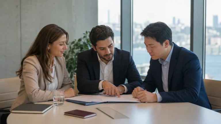 Yabancı ortaklı şirket kuruluşu için evrakları inceleyen iş insanları
